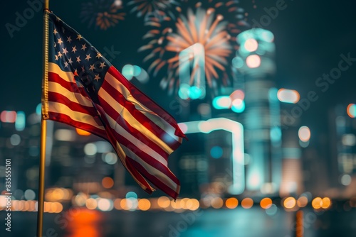 A close-up of the American flag with a vivid and colorful fireworks display in the background and city.