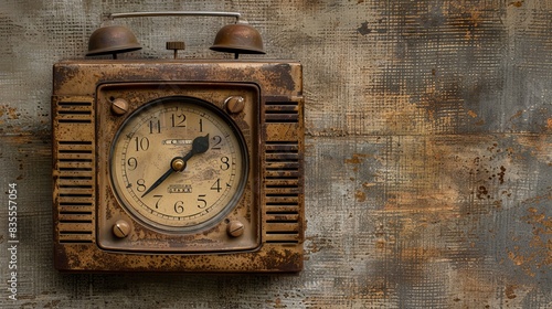 Vintage alarm clock with worn metal face and rusty case hanging on a weathered wall.