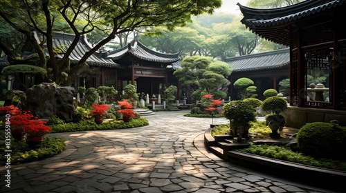A traditional Chinese courtyard house (Siheyuan) with red doors, intricate stone carvings, and a peaceful central garden. 