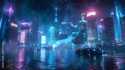 A vast futuristic city at night, featuring towering skyscrapers emitting blue and purple neon lights. The sky is starry with a slight mist over the city. In the foreground, a large river reflects all 