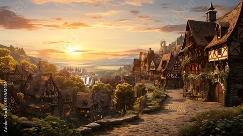 A tranquil sunset over a quaint village, with cobblestone streets and rustic homes basking in the golden hour, as villagers go about their evening routines. 