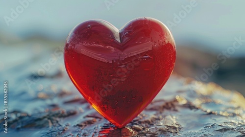 A red heart-shaped object sits atop a rock, perfect for decorative or symbolic uses