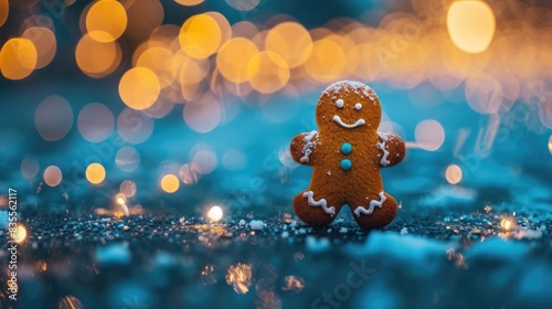 A detailed view of a gingerbread cookie on a table, useful for food and dessert related concepts