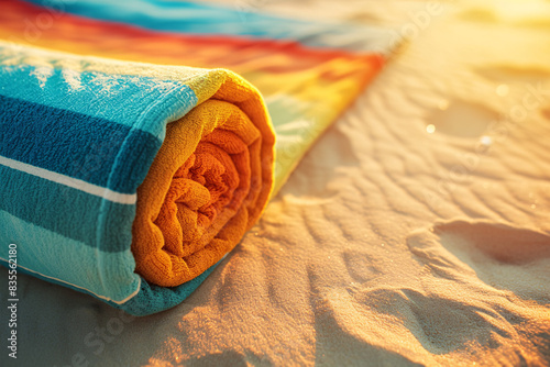 rolled colorful beach towel lies on sand during a sunny day capturing the essence of summer relaxation and beach vibes