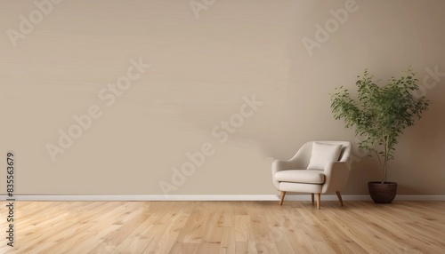 Interior home of living room with wooden armchair on beige wall copy space mock up, hardwood floor