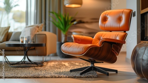 Modern leather armchair in a cozy living room interior.