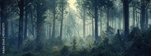 3D render of a dense forest with tall trees on a foggy day in a fantasy, photorealistic,