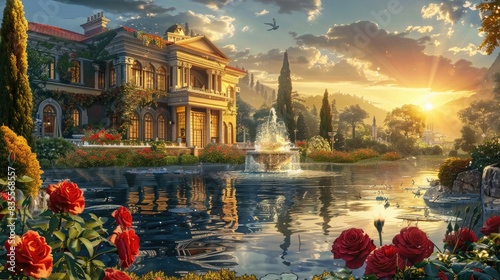 A beautiful mansion with large windows and a stone fountain on the shore of an ornate lake, surrounded by lush greenery and red roses at sunset. The scene is depicted
