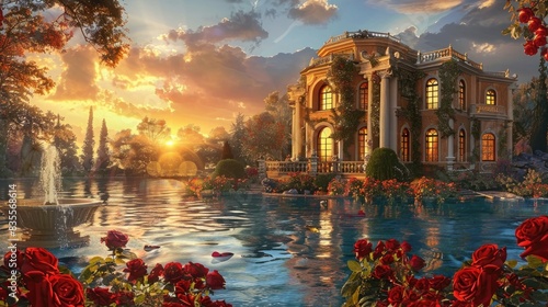 A beautiful mansion with large windows and a stone fountain on the shore of an ornate lake, surrounded by lush greenery and red roses at sunset. The scene is depicted