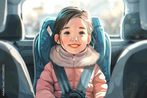 smiling little girl secured in car seat wearing seatbelt safe family travel digital illustration