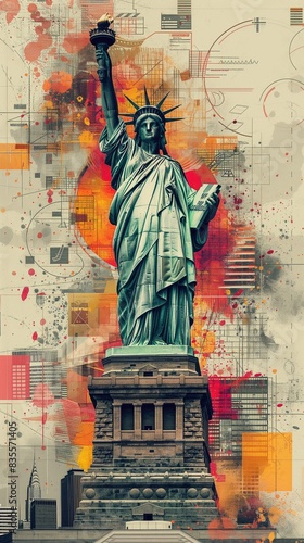 Statue Of Liberty Painting, United States of America Art, NYC Street Art Mural, Vertical New York Tourism Banner, USA Patriotic Backdrop Liberty Wallpaper Freedom Independence Memorial Day Background