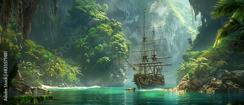 A ship sails through a lush, tropical cove, sunlight filtering through the canopy.