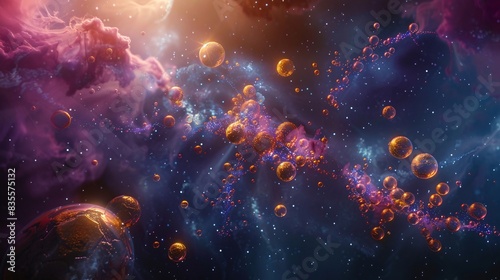 An artistic rendering of a cosmic nebula with floating molecular structures, symbolizing the connection between space and chemistry.