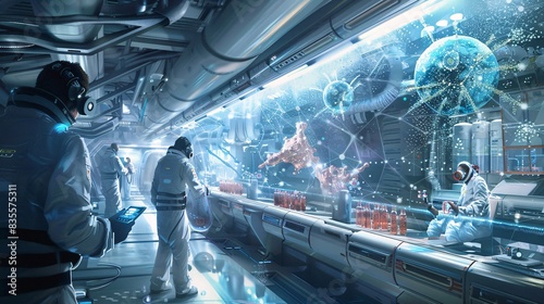 A futuristic depiction of a space habitat with scientists analyzing samples containing complex molecular structures.