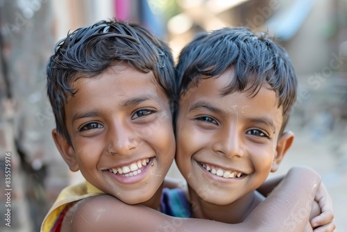 two smiling young boys posing together for candid photograph happy childhood friends
