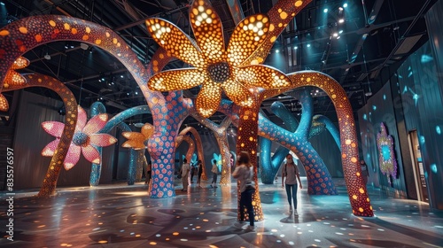 A large art installation of interconnected trees made from hundreds of polka dot colored spheres
