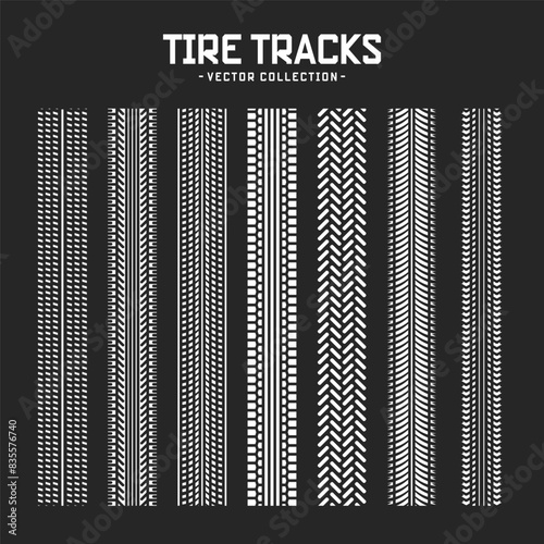 Tire tracks, wheel braking marks. Truck, car or motorcycle tread pattern silhouettes. Auto race, motorsport, speed racing design element. Vector illustration