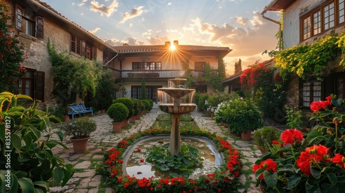 a photo of an old Turkish house with garden and fountain in the center, red flowers on one side of the path, green plants around it, sunset light, wide angle