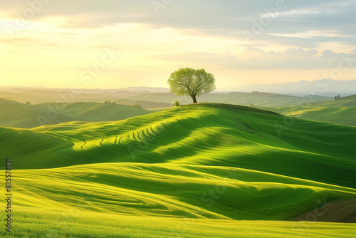 Tuscany landscape, beautiful green hills and lonely tree springtime at sunset in Italy,Europe