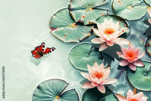 vibrant tropical fish floating in clear water among lush lily pads ethereal butterfly resting on frame against white background abstract photo