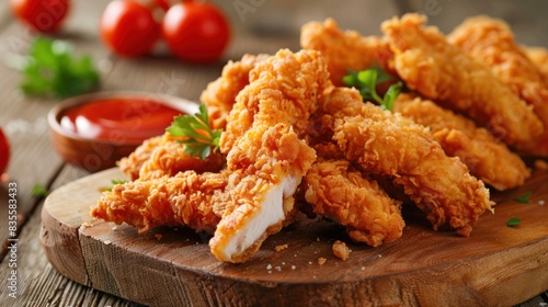 Crunchy golden breaded chicken fingers strips on the table