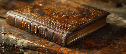 Low-angle view of an antique book, leather-bound with gold-embossed details, textured background, soft oil painting style, warm lighting, evokes a sense of history and wisdom