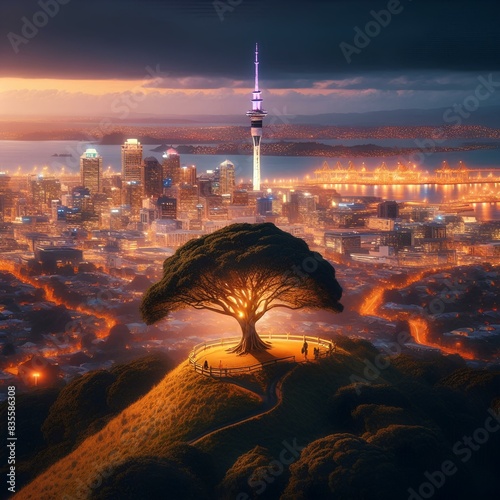  Viewpoint of Mount Eden with iconic tree and sky tower among illuminated city at Auckland, New Zealand