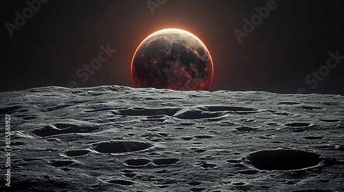 panoramic view of the solar eclipse as seen from the Moon's surface with the Earth partially obscured
