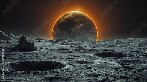 panoramic view of the solar eclipse as seen from the Moon's surface with the Earth partially obscured