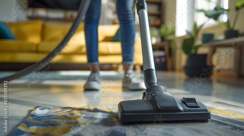Woman cleaning floor with vacuum cleaner, close up,