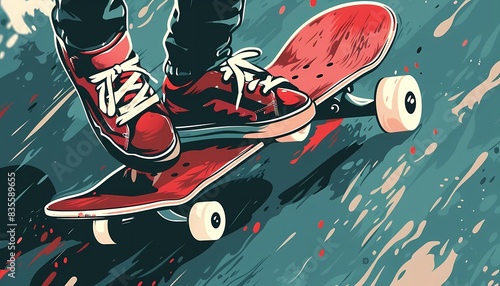 Design a flat design of a person skateboarding in a skate park