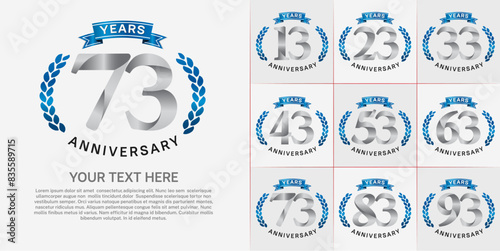 anniversary logotype set vector, silver color and blue ribbon for special day celebration