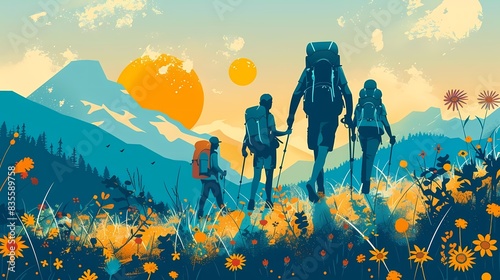 Generate a flat design of a family hiking with backpacks on a trail
