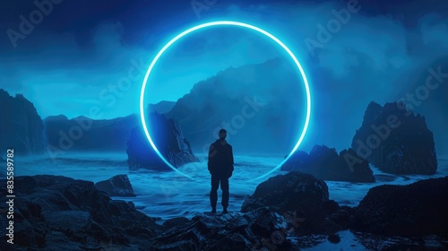 abstract background with blue neon light circle and silhouette of man in front of mountains on the sea, foggy night scene with glow halo over isolated rocky island, fantasy futuristic landscape
