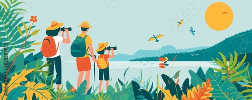 Generate a flat design of a family on a nature walk with binoculars