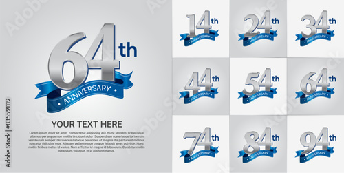 anniversary logotype set vector, silver color and blue ribbon for special day celebration