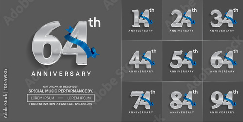 anniversary logotype set vector, silver color and blue ribbon for special day celebration