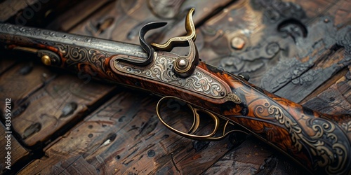 An intricately designed antique flintlock pistol resting on a rustic wooden surface, showcasing detailed craftsmanship and historical significance