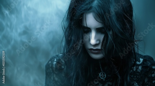 A somber and mysterious gothic woman adorned in dark lace clothing stands amid ethereal fog and shadows, evoking an otherworldly aura in the atmospheric blue-toned scene