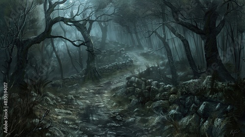 Dark Cliffside Path in a Creepy Forest with Nocturnal Crows . Generative Ai