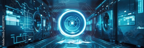 Abstract futuristic background with washing machine and in digital style, hologram interface for computer design concept technology background. 