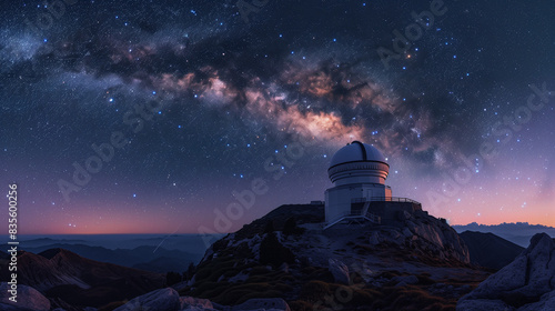 A high mountain observatory under a clear starry sky at night. The observatory, a large dome structure, stands isolated on a rocky peak. Powerful telescopes point towards the heavens, capturing the co