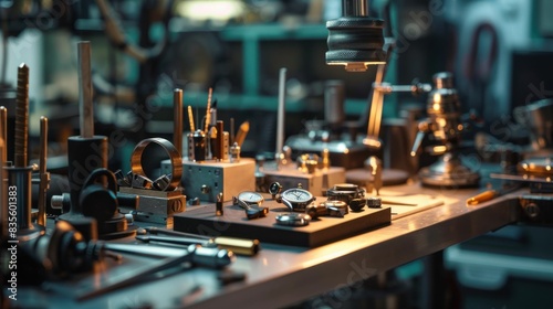 Watch repair shop with various tools and instruments on workbench for precision timepiece maintenance and repair
