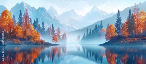A serene mountain landscape at sunrise, with silhouettes of pine trees and mountains reflecting in the calm lake. 