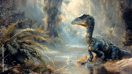 adorable young Sinornithosaurus hunting in a dense misty jungle with ancient ferns and mosscovered trees depicted in a mural