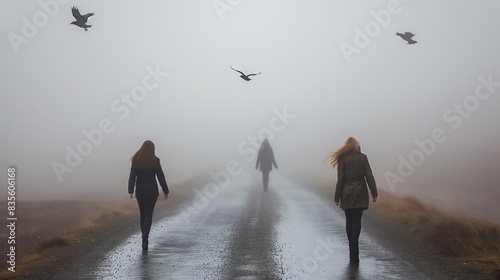 Three individuals walk along a foggy, desolate road, each going their separate ways, accompanied by flying birds, creating a haunting and introspective scene of solitude and mystery.