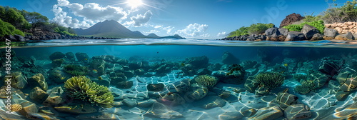 The wonders of the Galapagos ecosystem, A tropical underwater scene with fish, coral reefs, and a diver in the blue ocean