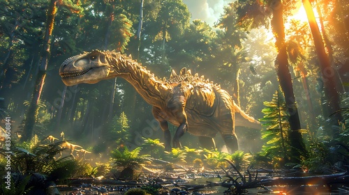 adult Muttaburrasaurus feeding on plants in a dense forest with sunlight streaming through the trees and other dinosaurs nearby