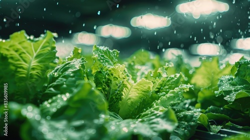 Cinematic photo of lettuce growing in an indoor aquaculture system, with LED grow lights overhead and water droplets on the leaves, hyper realistic,