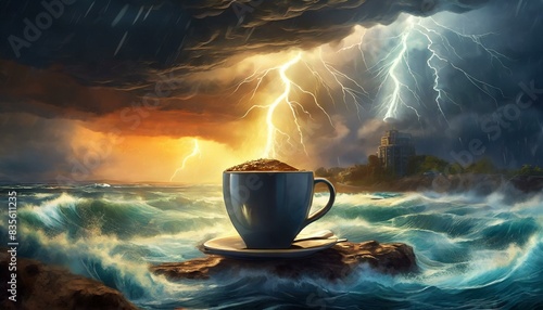 A coffee cup becomes the epicenter of a storm with lightning above and turbulent water below